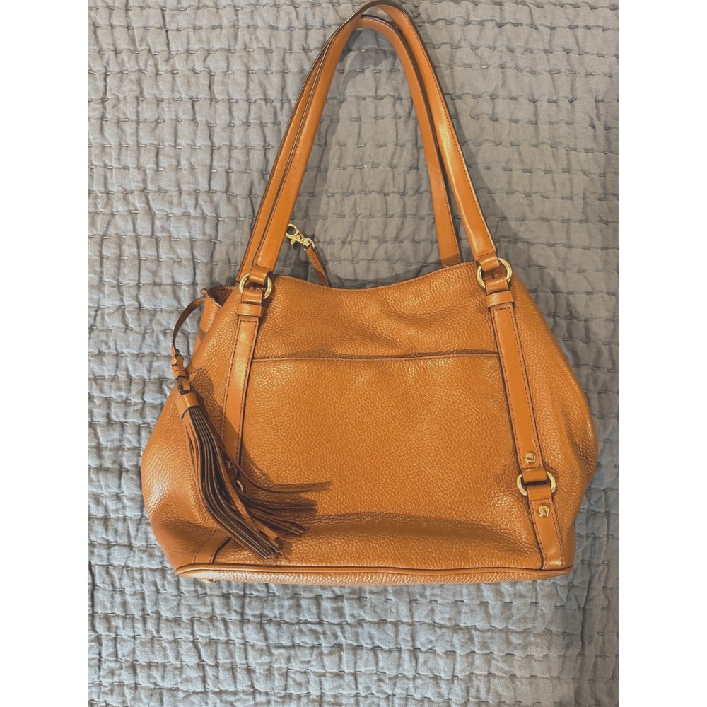 Michael Kors Carrie Large Pebbled Leather Tote Bag Luggage Brown Gold Hardware - Picture 6 of 16